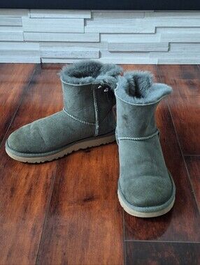 UGG Mini Bailey Bow II Light Green Suede Sheepskin Boots Women's US 6 EU 37